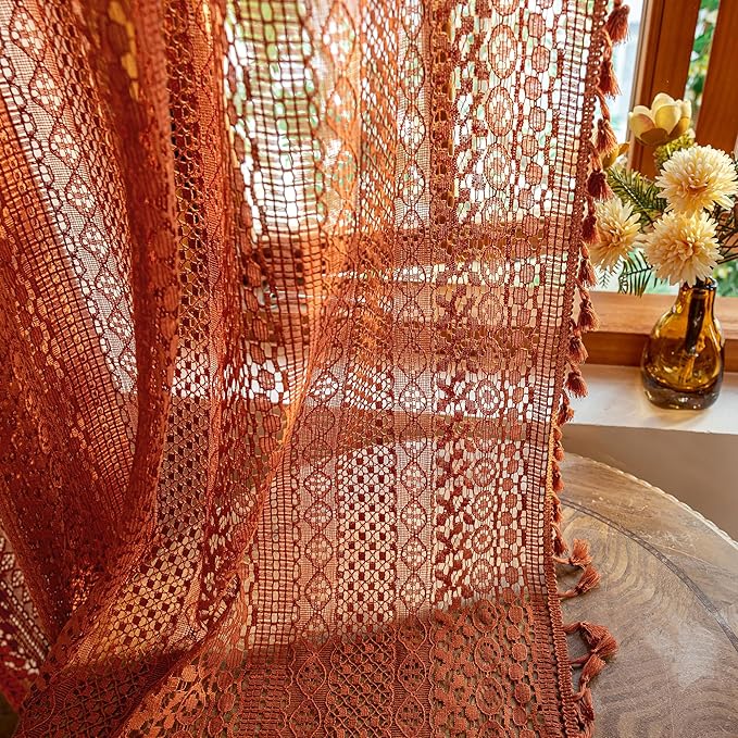 WAZZIO Boho Lace Curtains 63 Inches 2 Panel, Light Filtering Privacy Tassel & by WAZZIO
