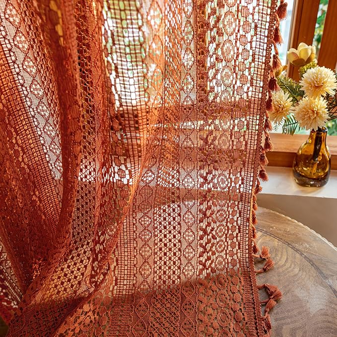 WAZZIO Boho Lace Curtains 72 Inches 2 Panel, Light Filtering Privacy Tassel & by WAZZIO