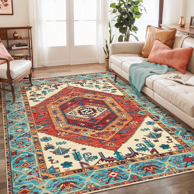 SERISSA Boho Area Rug 5x7 Orange, Washable Large Rugs by SERISSAHomeDecorCollection
