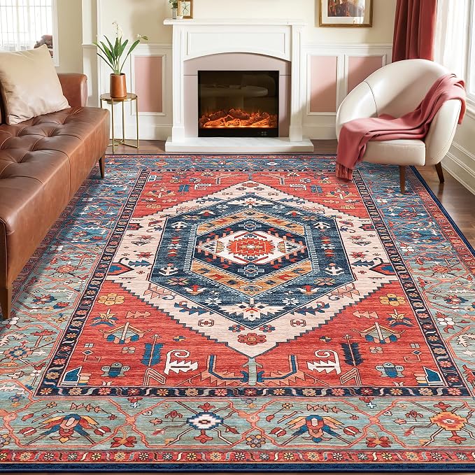 SERISSA Washable Rugs 8x10 Area Rugs, Large Non-Slip Boho Living Room Rust Rug by SERISSAHomeDecorCollection