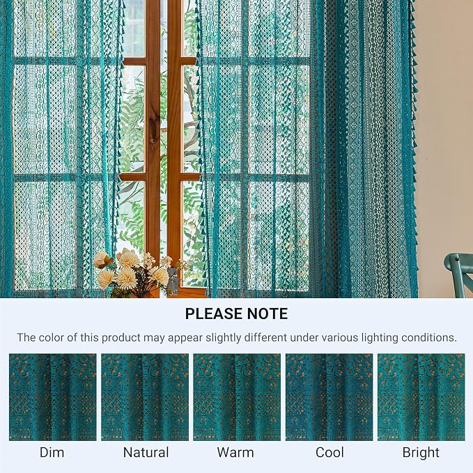 WAZZIO Boho Lace Curtains 45 Inches 2 Panel, Light Filtering Privacy Tassel & - Image 9