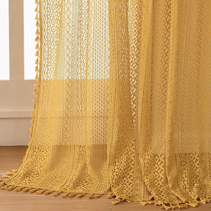 WAZZIO Boho Lace Curtains 63 Inches 2 Panel, Light Filtering Privacy Tassel & - Image 6