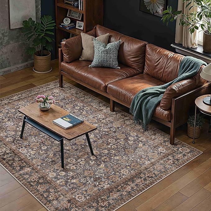 5x7 Brown Blue Vintage Floral Washable Area Rug - Image 3